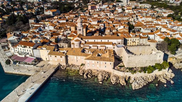 Aerial view of historic Adriatic town of Krk , Island of Krk, Kvarner bay of Adriatic sea, Croatia, Europe.