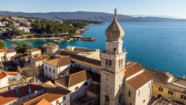 Aerial view of historic Adriatic town of Krk , Island of Krk, Kvarner bay of Adriatic sea, Croatia, Europe.