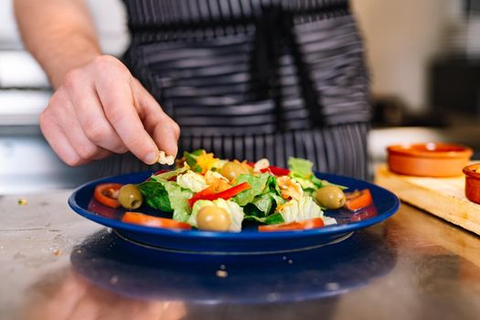 Detail of the hands of a young man, dressed in a black polo shirt and a dark striped apron, placing a salad on a blue plate in a professional kitchen, on a table full of food. The atmosphere is cold and clean, with the backdrop of professional aluminium tables and the fires of the restaurant kitchen.