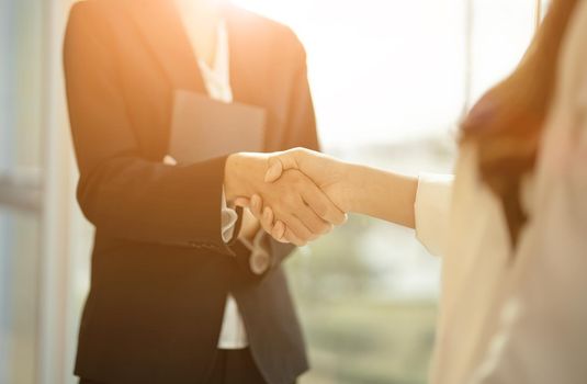Close up of Business people shaking hands, finishing up meeting, business etiquette, congratulation, merger and acquisition concept.