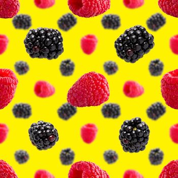 Seamless pattern with ripe raspberry and bramble. Berries abstract background. Raspberry and bramble pattern for package design with yellow background.