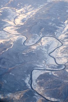 Aerial view of Stryi River near Lastivka village not far from Skhidnytsia in winter