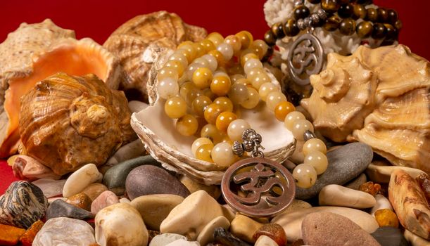 Buddhist prayer beads Mala are the conch shell on the sea rocks surrounded by sea shells. close-up color