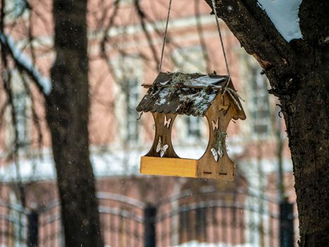 Bird house on a tree branch in a city winter park.