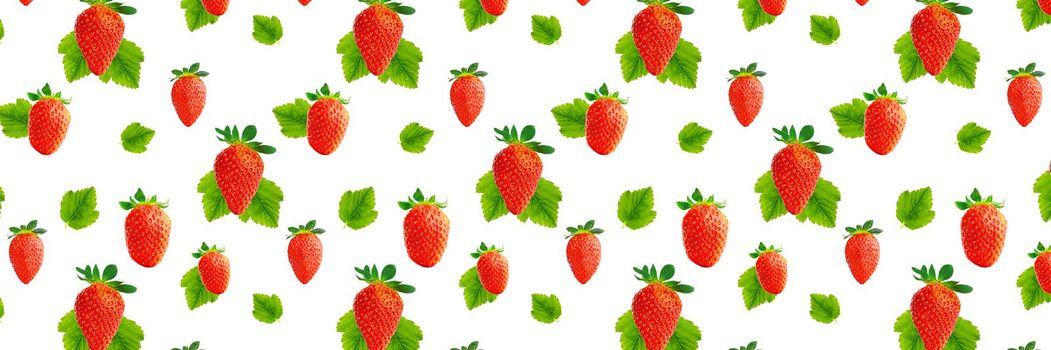 Colorful background of fresh ripe strawberries on white backdrop. Top view, flat-lay banner for packing design