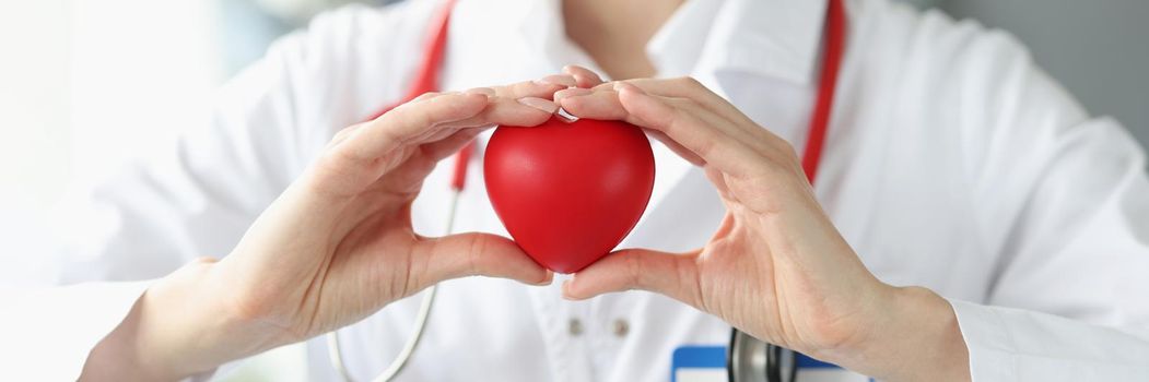 Close-up of cardiologist holding heart in hands. Treatment and healing with professional nurse and doctors. Heart disease, organ donation and cardiology concept