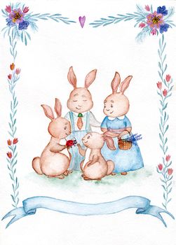 WAtercolor Easter Bunny Family Printable Poster. Home Decor Easter Gift with Copy Space for Name and Text. High quality illustration