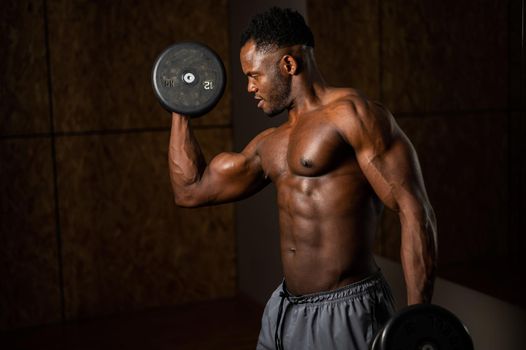 Attractive african american man smiling and doing exercise with dumbbells