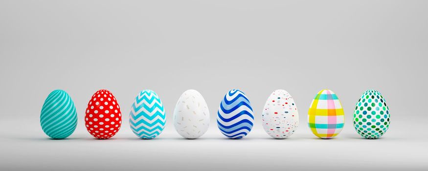 Set of realistic eggs on white background. 3D rendering render.