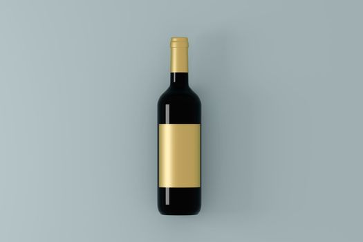 Blank wine bottle with mock up place on blue background. Product, alcohol, beverage and advertisement concept. 3D Rendering.