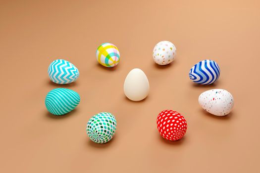 Colored Easter eggs surrounding white egg on green background. 3d render