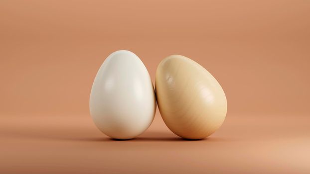 Chicken white and brown eggs isolated on orange background. 3d render