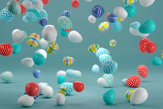 Colored Easter eggs floating in the air. 3d illustration