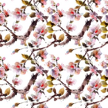 Watercolor seamless pattern with blossom sakura branch, oriental traditional sumi-e painting