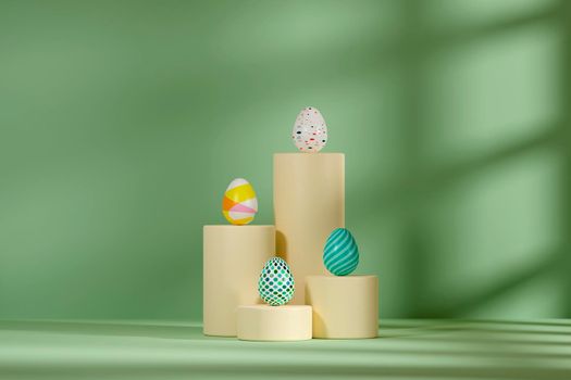 Easter eggs decorated on podiums, green background, spring April holidays card, 3d illustration