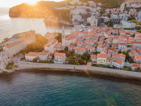 Old town in Budva in a beautiful summer day, Montenegro. Aerial image. Top view.