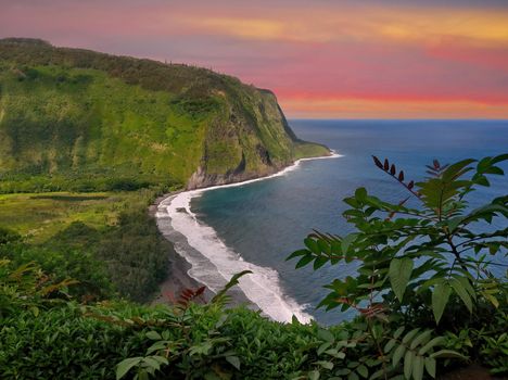 High Angle View of Punaluu Black Sand Beach From the Lush Cliffs Above on Big Island of Hawaii. Taken from the Waipi'o valley Access Road. High quality photo