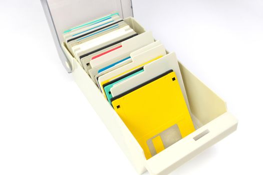 High Angle Close up of a Storage Box Full of 3.5 Inch Floppy disks for background. Retro digital storage technology.