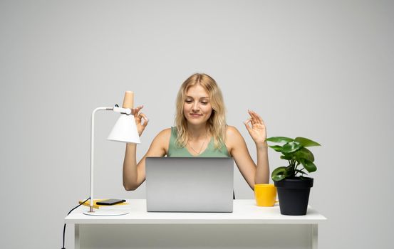 Picture of happy young lady chatting by laptop computer looking on a screen and showing okay gesture