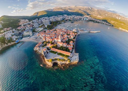 Old town in Budva in a beautiful summer day, Montenegro. Aerial image. Top view.