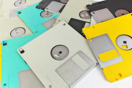 High Angle Full Frame Close up of 3.5 Inch Floppy disks for background. Retro digital storage technology.