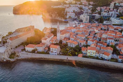 Old town in Budva in a beautiful summer day, Montenegro. Aerial image. Top view.