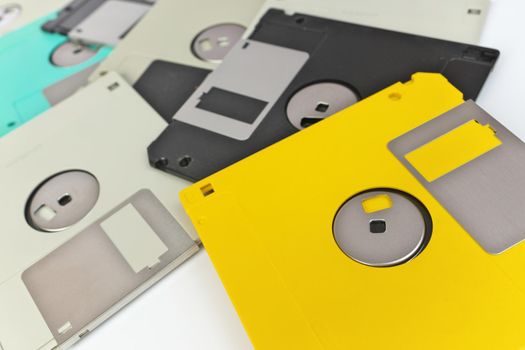 High Angle Full Frame Close up of 3.5 Inch Floppy disks for background. Retro digital storage technology.