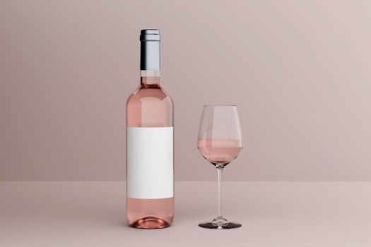 Bottle of rose wine with label and a glass goblet in photo-realistic style on a clear pink background. 3d realism render
