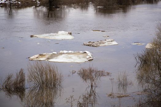 Close-up of ice floes floating on the river. Spring, snow melts, dry grass all around, floods begin and the river overflows. Day, cloudy weather, soft warm light.