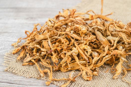 The Dried cordyceps militaris mushroom flower on wooden background.