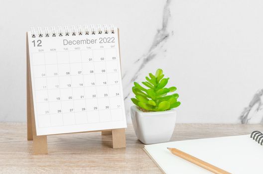 The December 2022 desk calendar with plant on wooden table.