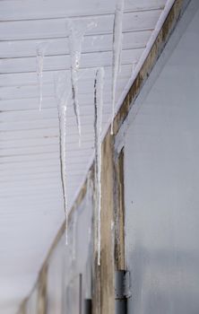 Sharp ice icicles hang under the plastic visor of the roof edge. On a light background. Large cascades, even beautiful rows. Cloudy winter day, soft light.