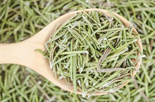 Dried rosemary spice in wooden spoon. Macro with shallow depth of field.