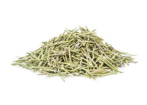 The Dried rosemary spice heap on white background.
