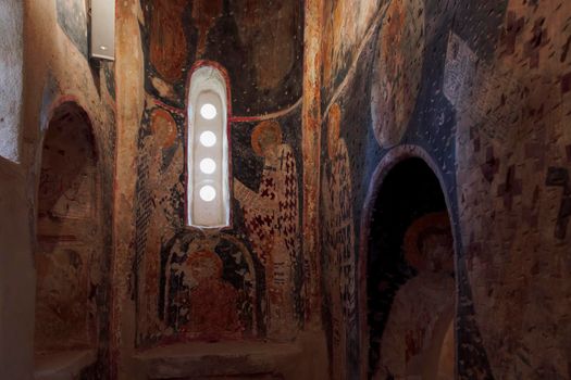 Greek Orthodox Holy Apostles Medieval Church interior with Palaeologan Byzantine art frescoes in Leontari, Arcadia Peloponnese.