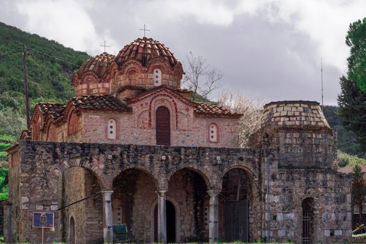 Greek Orthodox Holy Apostles Medieval Church exterior in Leontari, Arcadia Peloponnese.