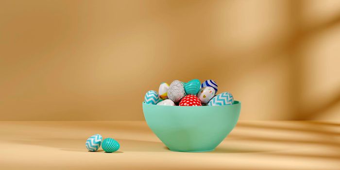 Pile of colored easter eggs on a bowl.3d render