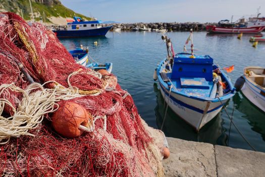 Traditional fishing port with nets and floats, Procida Island, Italy, High quality photo