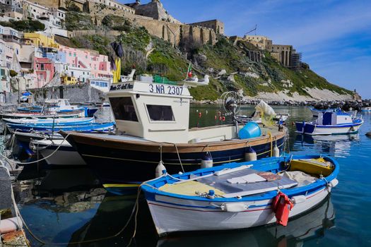 Traditional fishing port with nets and floats, Procida Island, Italy, High quality photo