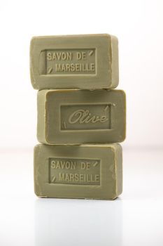 Marseille, France on December 10, 2020, Marseille soap natural, Multicolor soaps handmade with organic oil of Olive, on white background, France