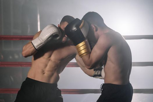 Two professional young muscular shirtless male boxers fighting in a boxing ring. High quality photography.