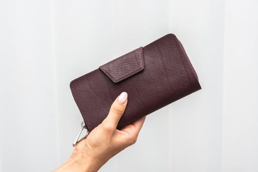 Wallet in hand on wall background