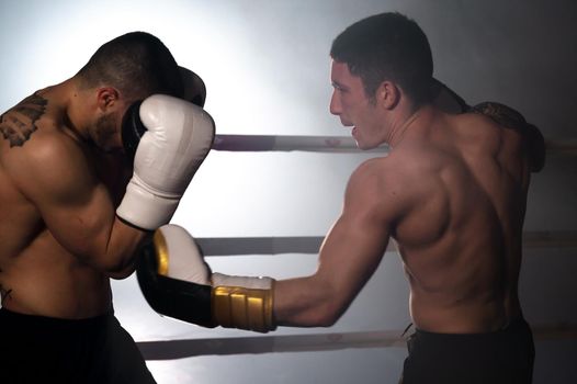 Two professional young muscular shirtless male boxers fighting in a boxing ring. High quality photography.