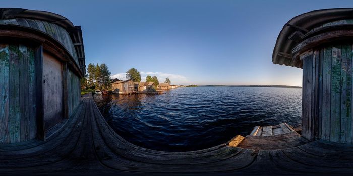 360x180° spherical panorama view of pier on Lizhmozero lake in Karelia, Russian Federation