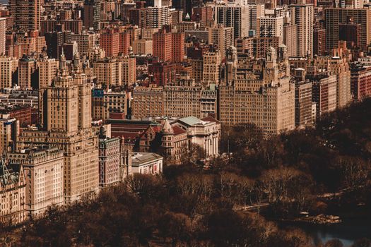 Panoramic elevated view of Central Park, and Upper West Side in Fall. Manhattan, New York City, USA.