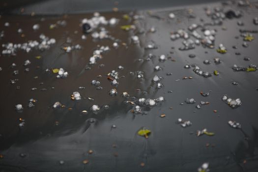 small hail ice balls on black car bonnet after summer storm close-up with selective focus at daylight.