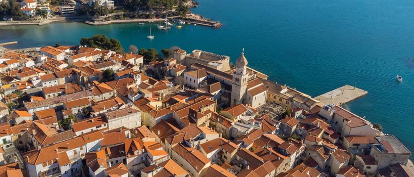 Aerial view of historic Adriatic town of Krk , Island of Krk, Kvarner bay of Adriatic sea, Croatia, Europe.