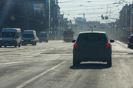 dusty spring morning in Tula, Russia - March 28. 2021