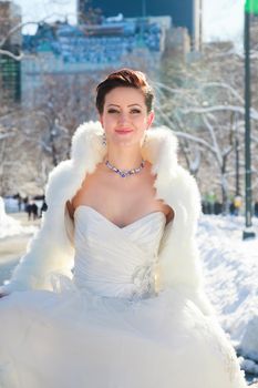 Winter bride Bride in the winter against the backdrop of New York centralPark