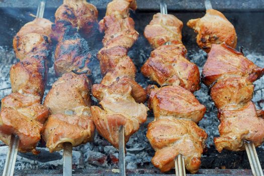 Pork Shish kebab on Fire. Appetizing fresh meat shish kebab prepared on a grill wood coal, outdor